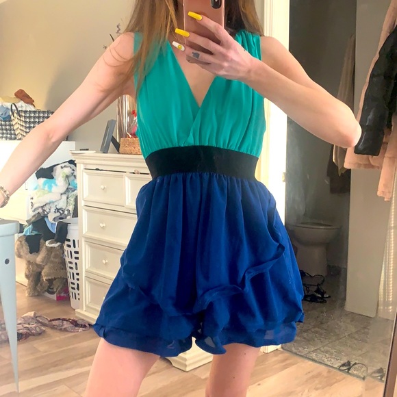 Two Tone Blue Mini Cocktail Dress - Picture 2 of 4